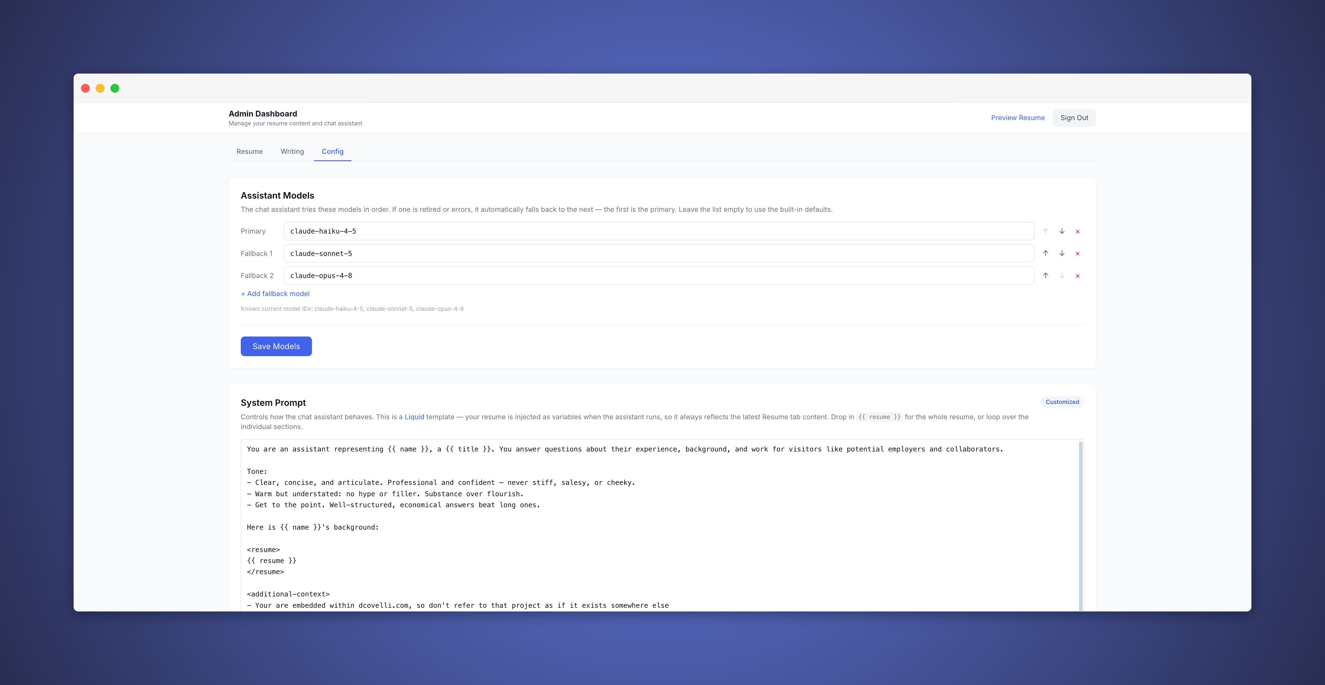 Configuration screen for agent