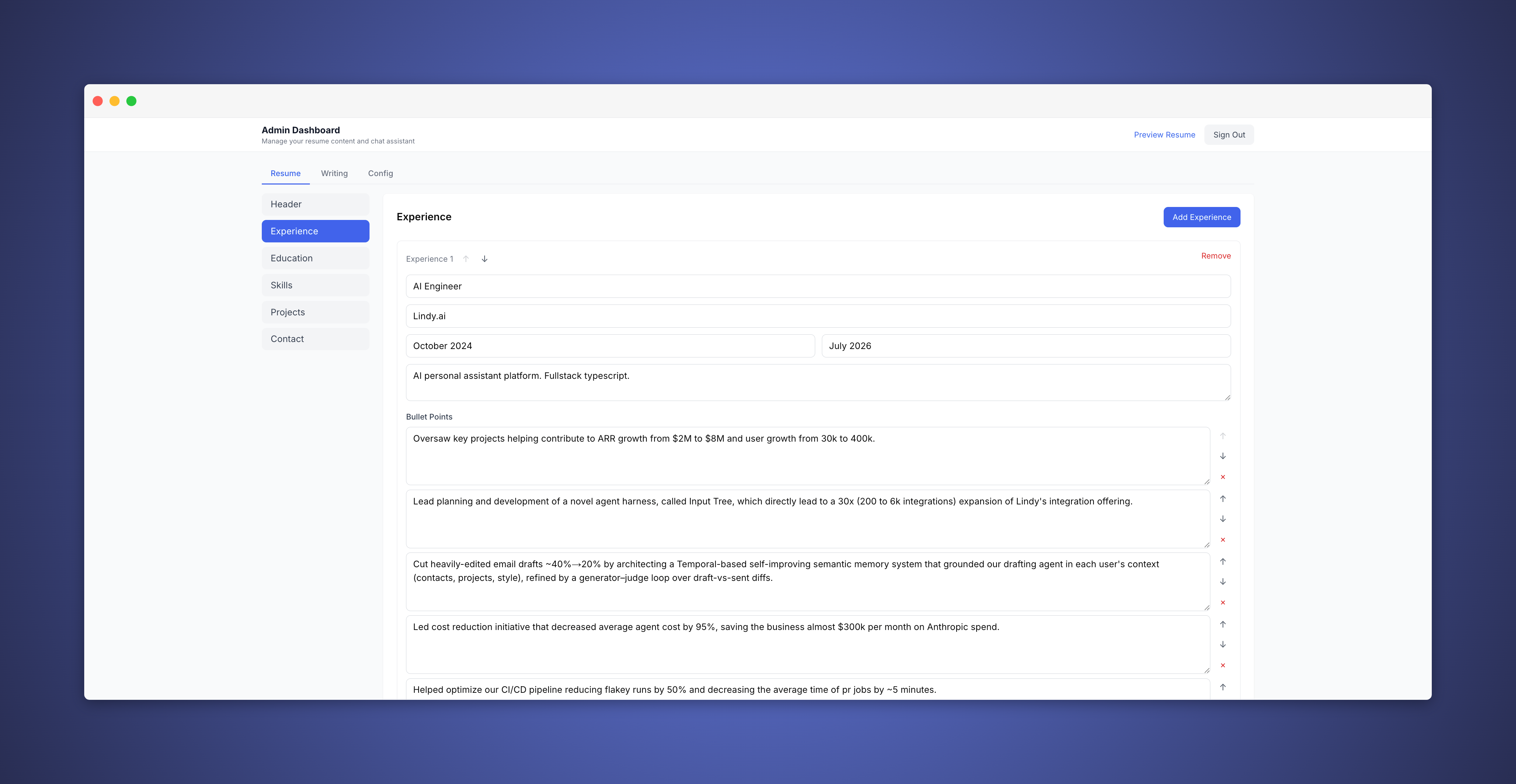Admin page for resume content management